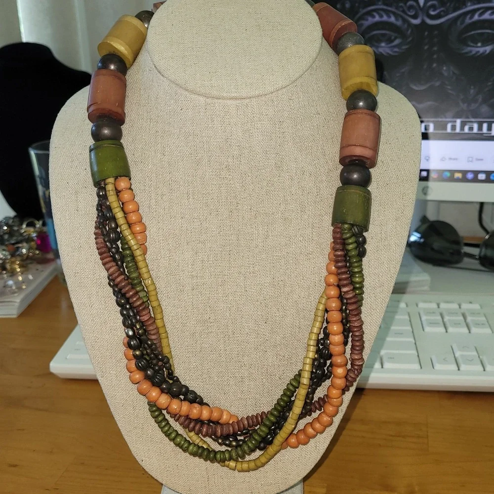 Chunky Multi Strand Wood Bead Necklace Earth Tone Boho Statement 23 Inch vtg